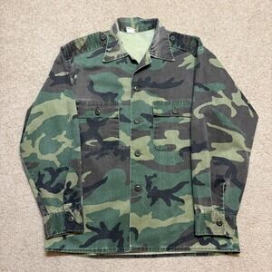 US Army OG-507 Shirt Woodland Camo BDU Mens Large Green Twill Button 70s 80s